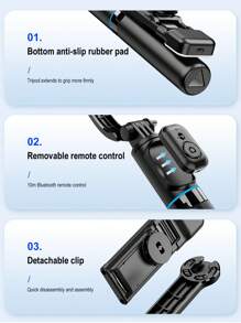 AXNEN 自拍杆三脚架带LED灯、可拆卸手机支架、无线遥控器，兼容iOS和安卓手机，适用于暑假、旅行、户外活动、直播等。 - 黑色 - 查看 10