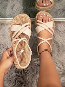 女性簡約休閒鬆懈風格平底涼鞋，具有十字帶防滑設計，非常適合夏威夷假期、海灘派對等 - 米色 - 查看 3