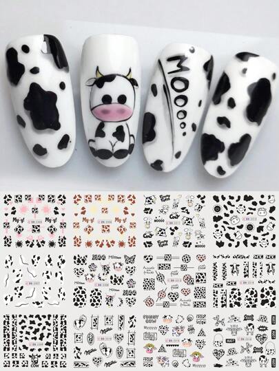 12 piezas Pegatinas de uñas con diseño de vaca lindo en blanco y negro, estilo de dibujos animados franceses, calcomanías de arte de uñas de transferencia de agua, decoraciones de uñas para verano y primavera