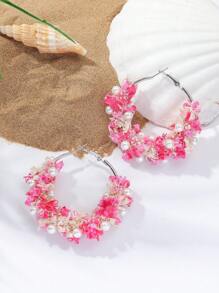 2pcs Bohemian Style Pink Lace Faux Pearl Hoop Earrings For Ladies, Perfect For Casual Beach Party And Photography - Star - View 12