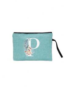 1pc 字母印花亚麻拉链袋化妆包老师感谢礼物旅行收纳袋：户外美容的完美选择！它是送给妈妈老师朋友伴娘和学生的礼物。适合日常使用生日假期海滩旅行通勤商务野餐露营超市和日常收纳礼物（随意方向握绳）女士钱包迷你钱包钱包钱包腕包钱包零钱包 - 藍色 - 查看 27