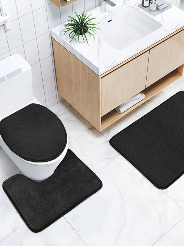 3pcs Classic Simple Plain Soft Memory Foam Absorbent Anti-Slip Rug Set For Bathroom And Toilet ,Room Decor