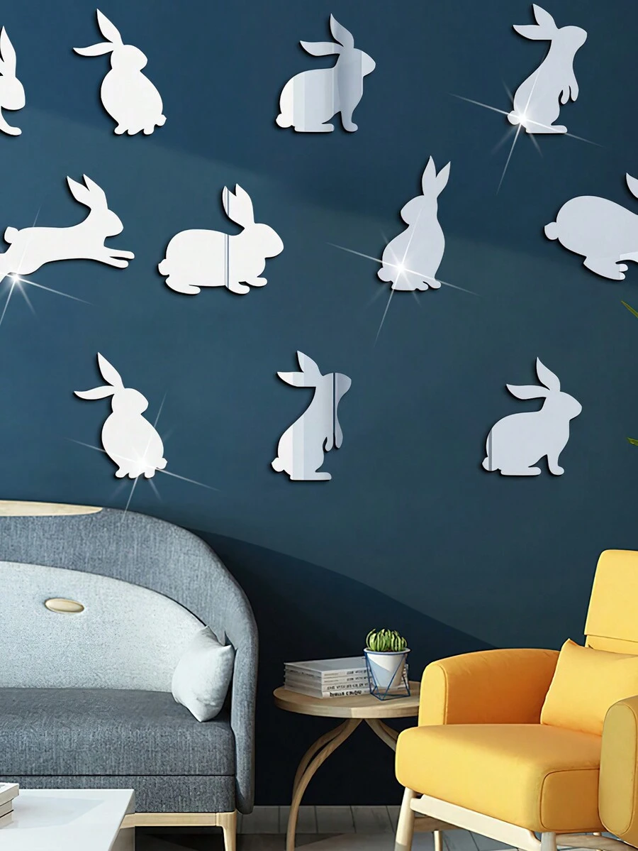 9入組卡通兔子形狀亞克力鏡貼,復活節派對3d自粘裝飾貼紙 - 銀色 - 查看 1