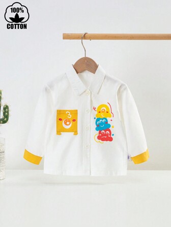 男孩襯衫,兒童可愛大眼睛印花長袖鈕扣襯衫,適用於春秋兩季