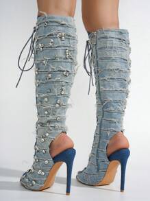 Women's  Peep Toe Knee-High Lace-Up Heels - Single Pointy Toe Denim Knee High High Heel For Casual Parties - 藍色 - 查看 5