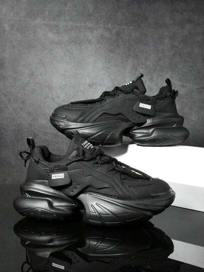 Men's Round Toe Four-Tiered Thick-Soled Height-Increasing Anti-Slip Wear-Resistant Mesh Lace-Up Low-Top Casual Chunky Shoes