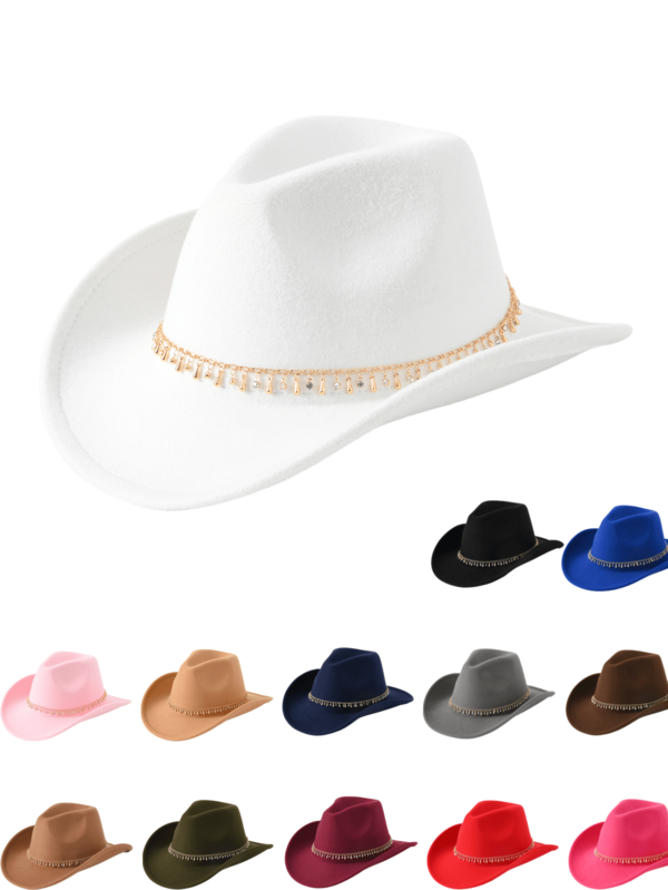 1 Pezzo Cappello Da Cowboy Occidentale, Cappello In Denim Unisex Con Frangia In Lega Dorata, Cappello Da Cavaliere Con Bordo Arrotolato, Cappello Per Coppia, Cappello Per Performance Sul Palco, Cappello Da Sposa Per Festa Di Matrimonio