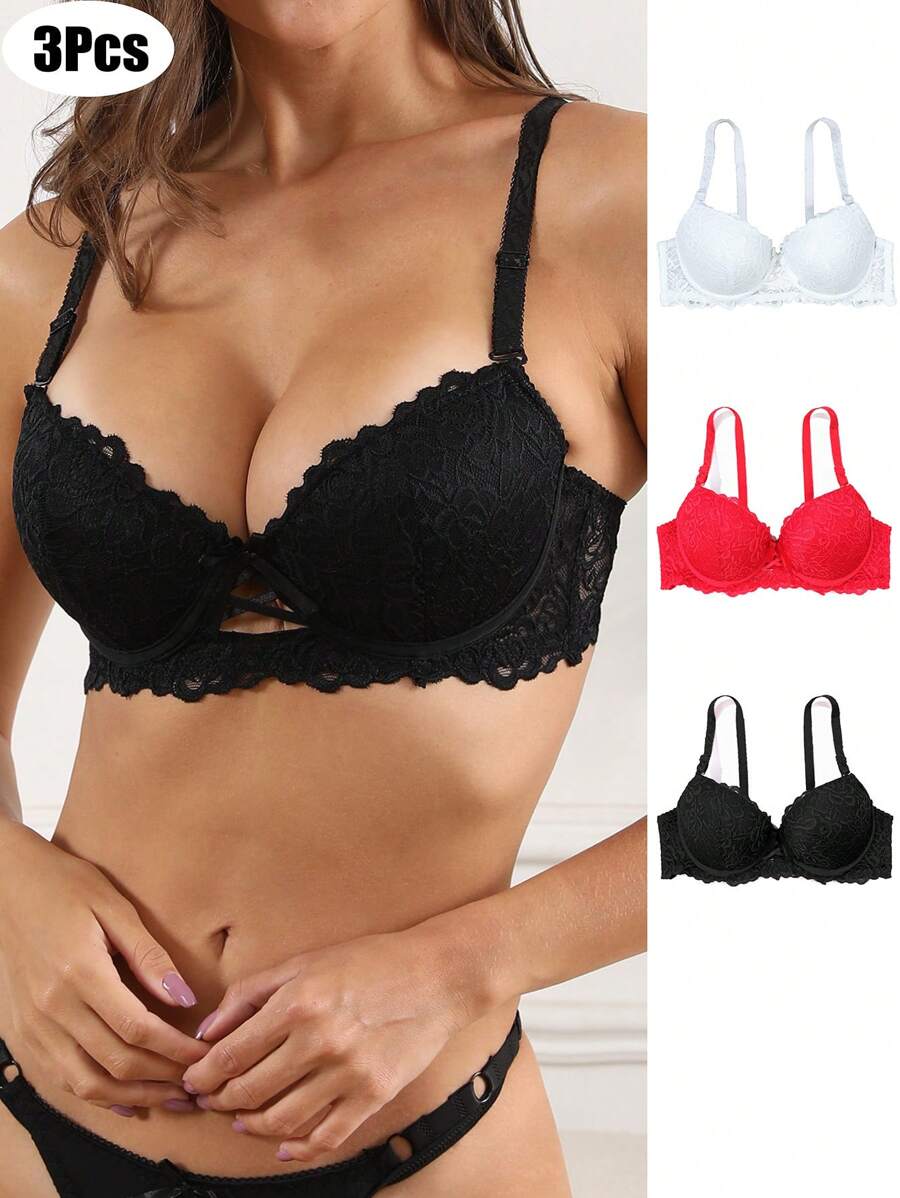 3 chiếc áo lót nâng ngực ren gợi cảm dành cho nữ, có thể điều chỉnh với phần hỗ trợ bên hông và gọng - Nhiều màu - Xem 1
