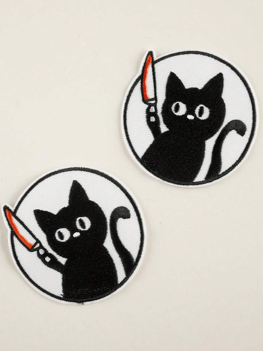 2入組圓形貓繡花布章,可用於diy服裝、褲子、帽子、手提包、鞋子、手機殼、熱熨貼裝飾 - 彩色 - 查看 1