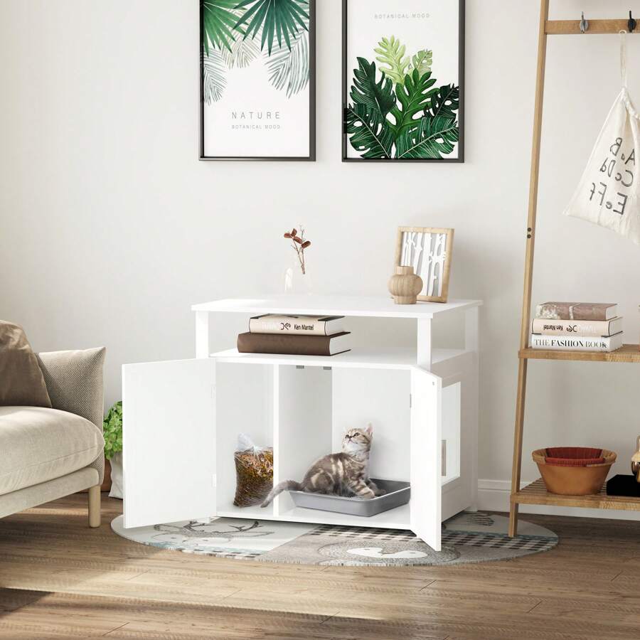PawHut Wooden Cat Litter Box Enclosure Furniture With Adjustable Interior Wall & Large Tabletop For Nightstand
