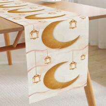 1 Stück Gold Mond & Laternen Muster Tischläufer, moderner Stil, rechteckiger rutschfester hitzebeständiger und leicht zu reinigender Tischdecke und Tischläufer aus Imitationsleinen, geeignet für Festivals, Feiern, Partys, Restaurants, Küchen und die Heimdekoration.