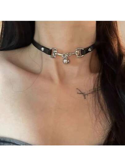 1pc Women Leather Bell Choker Necklace, Versatile For Parties, Gatherings And Daily Wear
