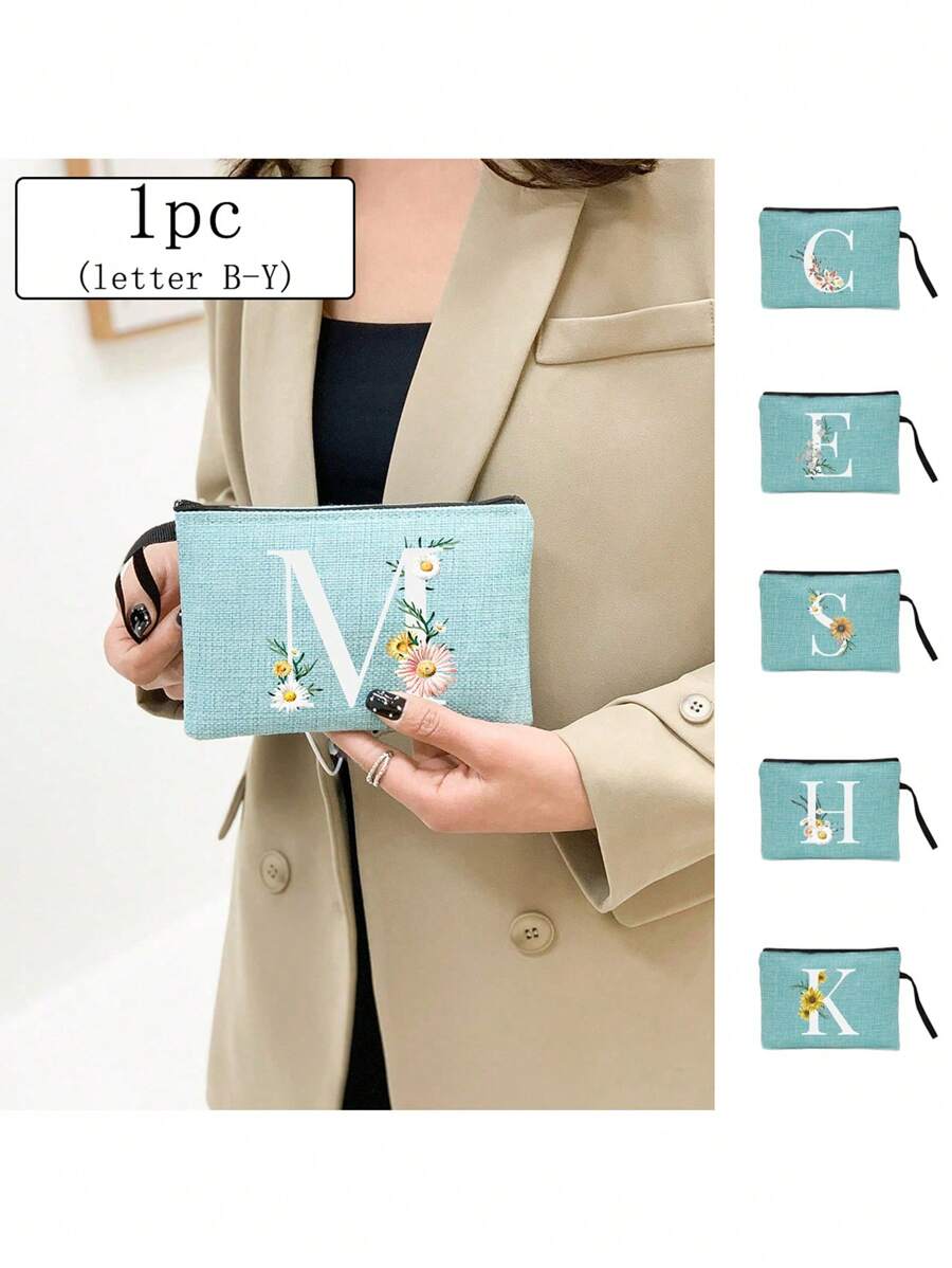 1pc 字母印花亚麻拉链袋化妆包老师感谢礼物旅行收纳袋：户外美容的完美选择！它是送给妈妈老师朋友伴娘和学生的礼物。适合日常使用生日假期海滩旅行通勤商务野餐露营超市和日常收纳礼物（随意方向握绳）女士钱包迷你钱包钱包钱包腕包钱包零钱包 - 藍色 - 查看 1