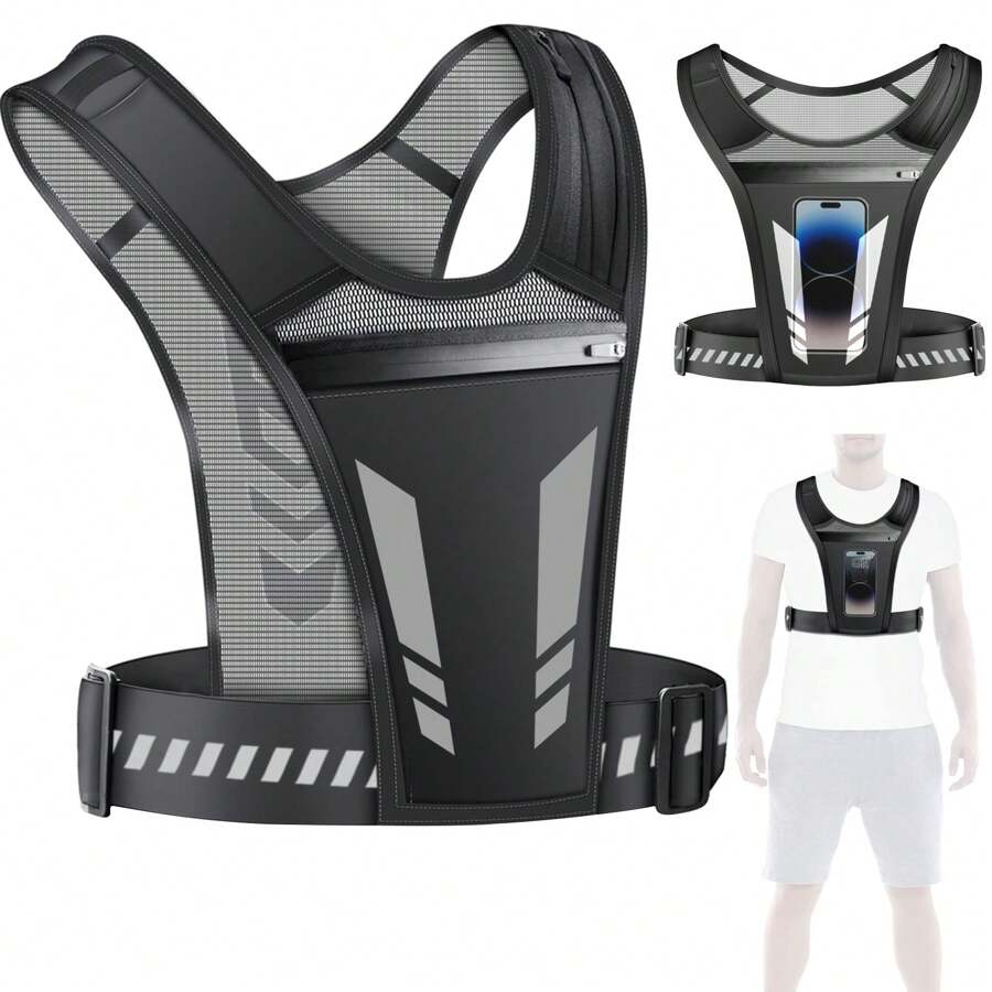 1 Bộ Áo Vest Phản Quang Chạy Bộ Ngoài Trời Có Thể Đựng Bình Nước, Túi Đeo Trước Ngực Thể Thao Unisex Để Chạy Ban Đêm Với Dây Đeo Phản Quang Và Túi Đựng Điện Thoại - màu đen - Xem 1