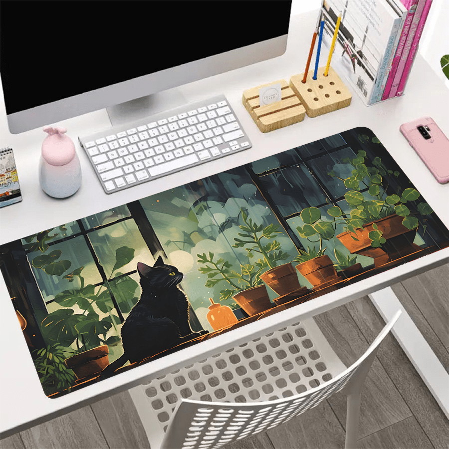 Cute Black Cat On The Windowsill Anime Mouse Pad Extended Big Large
