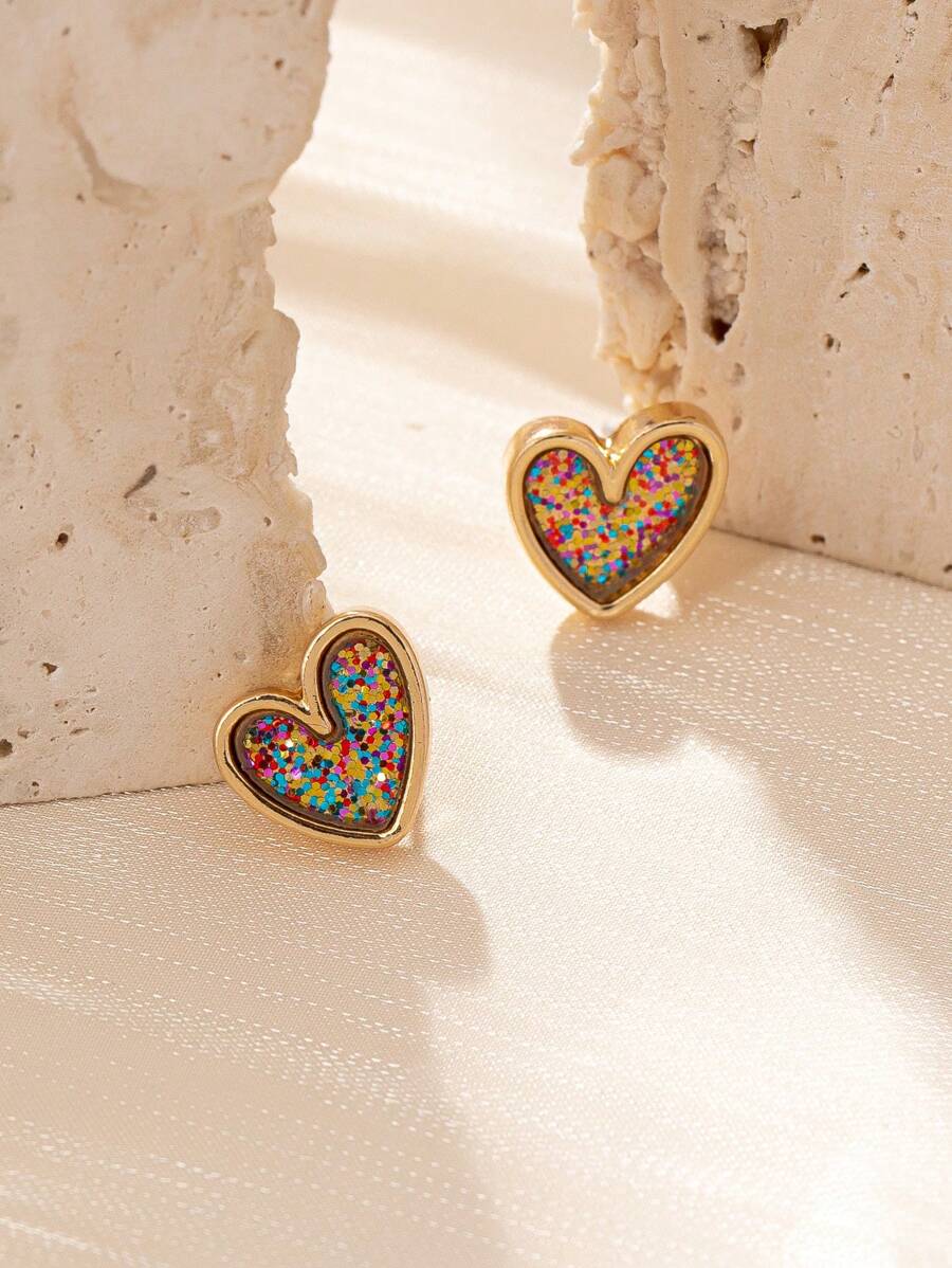 1pair Heart-Shaped Fashionable All-Match Stud Earrings - Multicolor - View 1