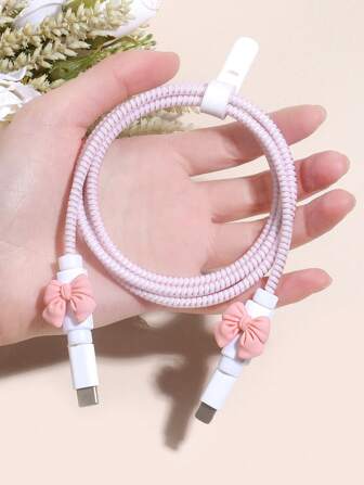 4件套 卡通蝴蝶结激光效果数据线保护头 + 1.5米数据线保护线 + 耳机绕线器 数据线保护器，充电器保护器