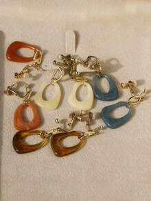 2入組法式復古簡約幾何圖案銅、樹脂夾式耳環