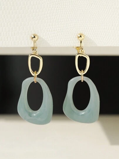 2入組法式復古簡約幾何圖案銅、樹脂夾式耳環