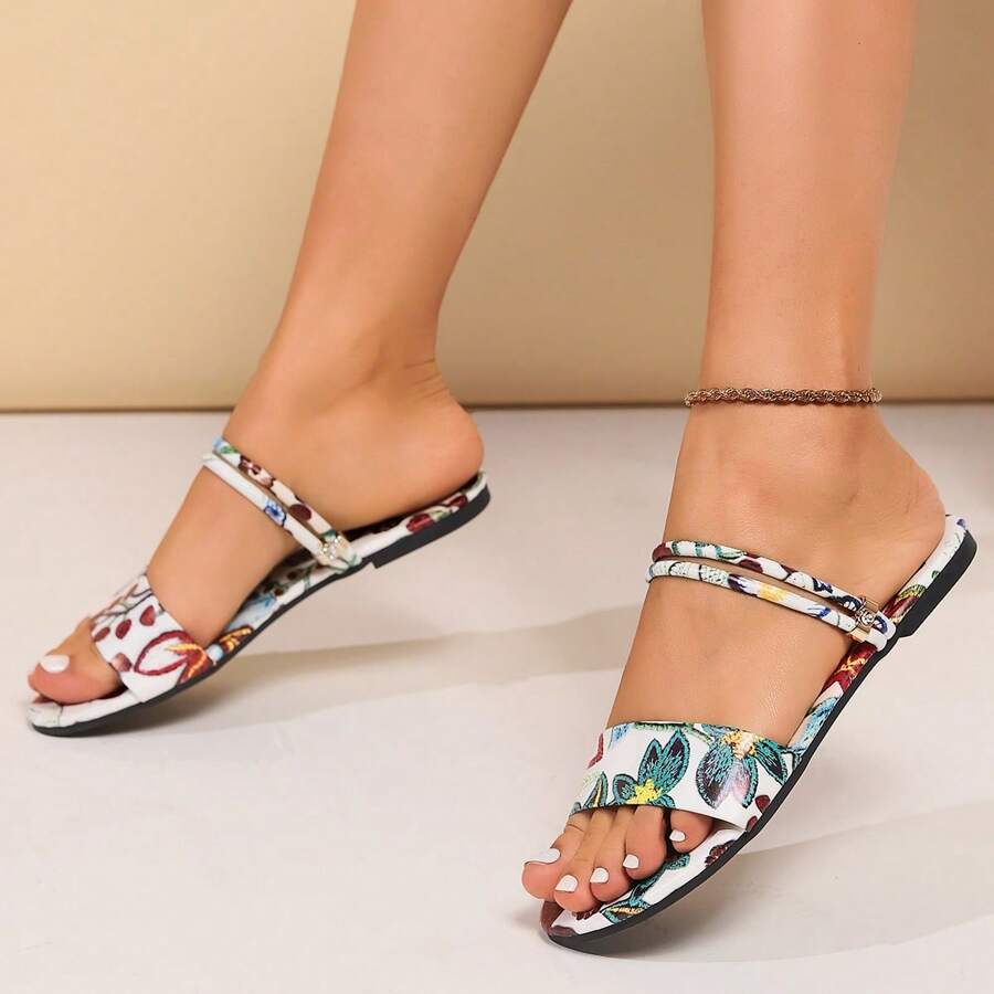 2024新到貨時尚扁平涼鞋,具有隨機花卉印花設計,適合女性 - 彩色 - 查看 1