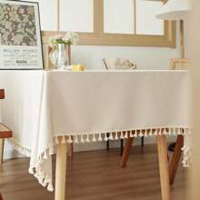 1條流蘇桌布,簡約風格,純色,適用於圓形咖啡/餐桌,房間/咖啡館裝飾 - 米色 - 查看 5