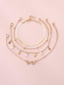 Set de 4 pulseras con aros de flores de perlas para niñas, diseño manual con cuentas y cadena con forma asimétrica - Dorado - Ver 5
