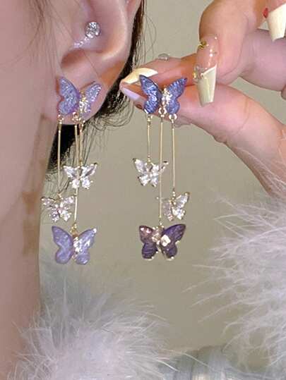 1pair Super Fairy Quality Purple Butterfly Designed Long Tassel Earrings, Everyday Accessory