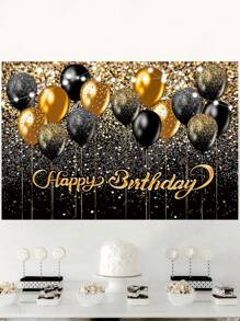 1入組100*150cm黑金氣球型生日短暫橫幅，有“生日快樂”字樣，背景布料完美裝飾生日成人禮儀式派對，生日家庭假日派對室內牆壁裝飾用品 - 黑金色 - 查看 1