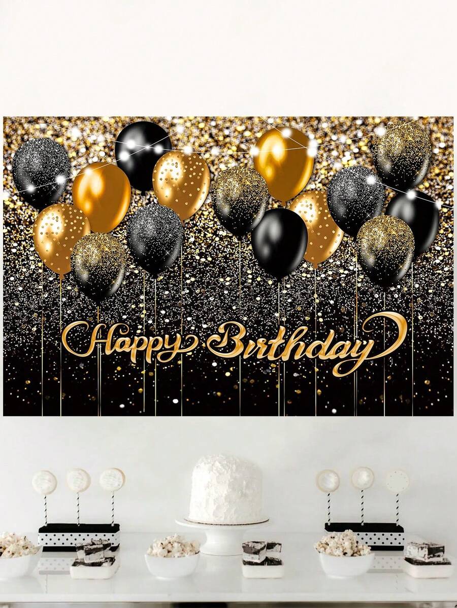 1入組100*150cm黑金氣球型生日短暫橫幅，有“生日快樂”字樣，背景布料完美裝飾生日成人禮儀式派對，生日家庭假日派對室內牆壁裝飾用品 - 黑金色 - 查看 1
