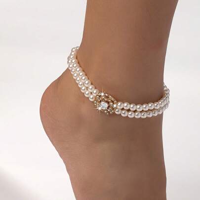 1pc Fashionable & Elegant Double Row Faux Pearl Square Shape With Rhinestone Inlay Unisex Anklet For Daily Wear