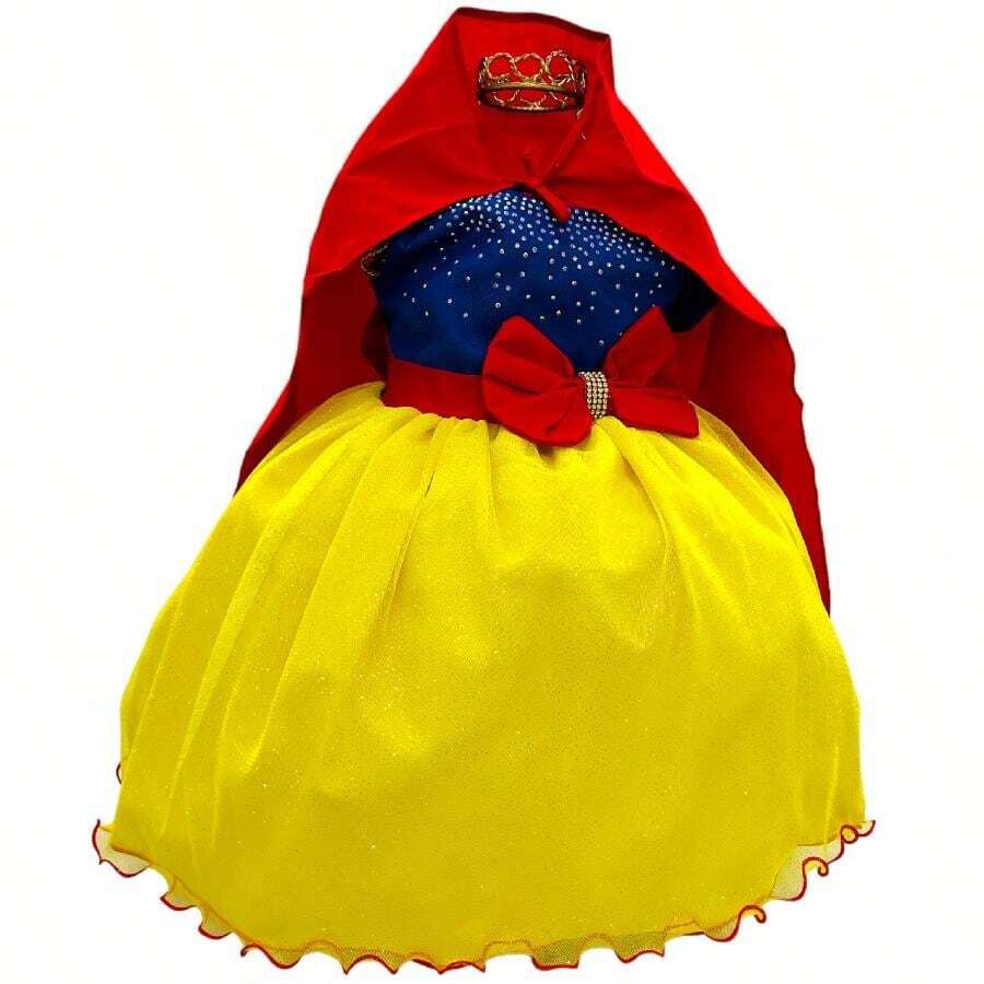 Vestido Princesa Amarelo 1 A 4 Anos Luxo Com Capa - Amarelo - Visão 1