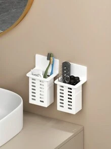 Wall-Mounted Toothbrush Holder With Storage For Razor Comb, No Drilling Bathroom Organizer Shelf (White, Black, Transparent) Home Bathroom Decor Fall Decor Back To School - White - View 9