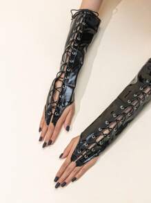 1pair Black Pu Leather Strap Punk Style Long Gloves - A - View 5