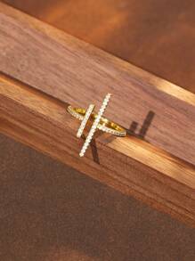 1pc 925 Sterling Silver Personalized Minimalist Geometric Line & Cubic Zirconia Open Ring - Yellow Gold - View 7