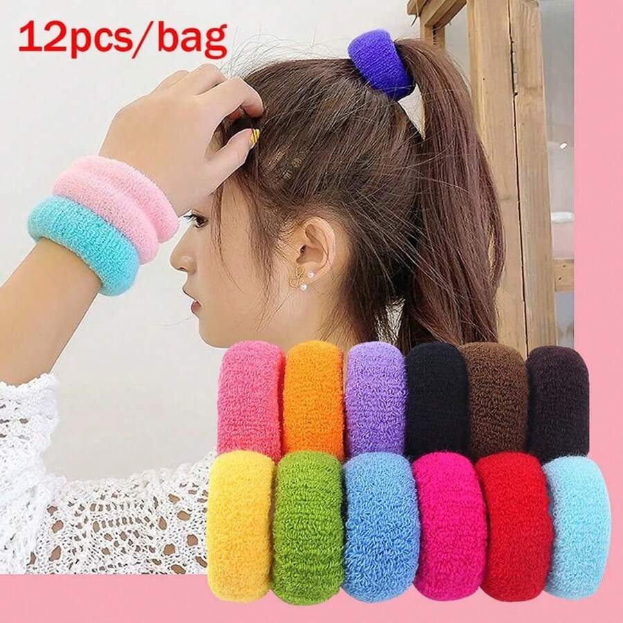 12pcsbag Large Thick Seamless Hair Ties Women No Damage Cloth Hair Ties Elastics Multicolor Ponytail Holder Hair Scrunchies Casual,Pink Accessories, Hair Bobbles ,Hair Rope