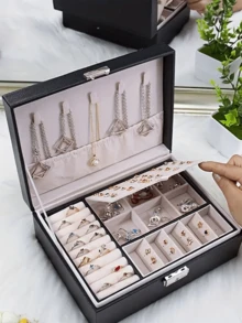 1 Pc Black Minimalist Double-Layer Large Capacity Flip Jewelry Storage Box, Wooden PU Leather Jewelry Box, Multi-Layer Sandwich Space Design, Large Capacity Storage Box, Suitable For Storing More Jewelry At Home, Accessory Storage - Black - View 5