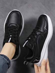 New Spring Women's Black Leather Casual Sneakers, Lightweight & Comfortable Running Shoes