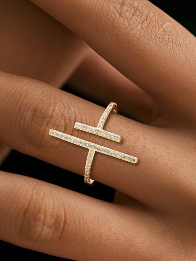 1pc 925 Sterling Silver Personalized Minimalist Geometric Line & Cubic Zirconia Open Ring