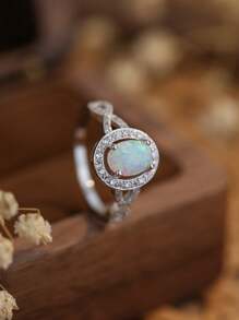 1 件 S925 纯银天然澳大利亚蛋白石方晶锆石多种形状戒指，适合女性日常佩戴，优雅奢华的情人节礼物 - 銀色 - 查看 3