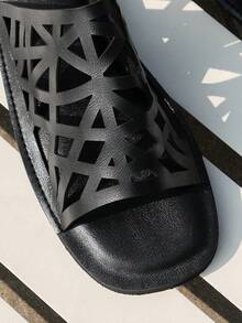 2024 Spring/Summer New Arrival Comfortable Flat Hollow Out Square Toe Slip-On Plus Size Lightweight Sandals For Women - Black - View 7