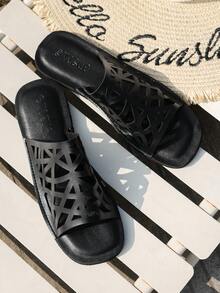 2024 Spring/Summer New Arrival Comfortable Flat Hollow Out Square Toe Slip-On Plus Size Lightweight Sandals For Women - Black - View 3