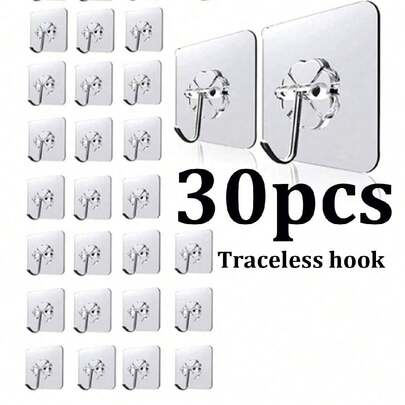30/10入組無痕貼鉤強力承重掛壁架,透明、防水、防銹,適用於廚房、浴室、客廳等不損壁面