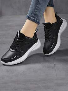 New Spring Women's Black Leather Casual Sneakers, Lightweight & Comfortable Running Shoes