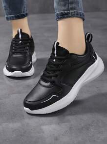 New Spring Women's Black Leather Casual Sneakers, Lightweight & Comfortable Running Shoes