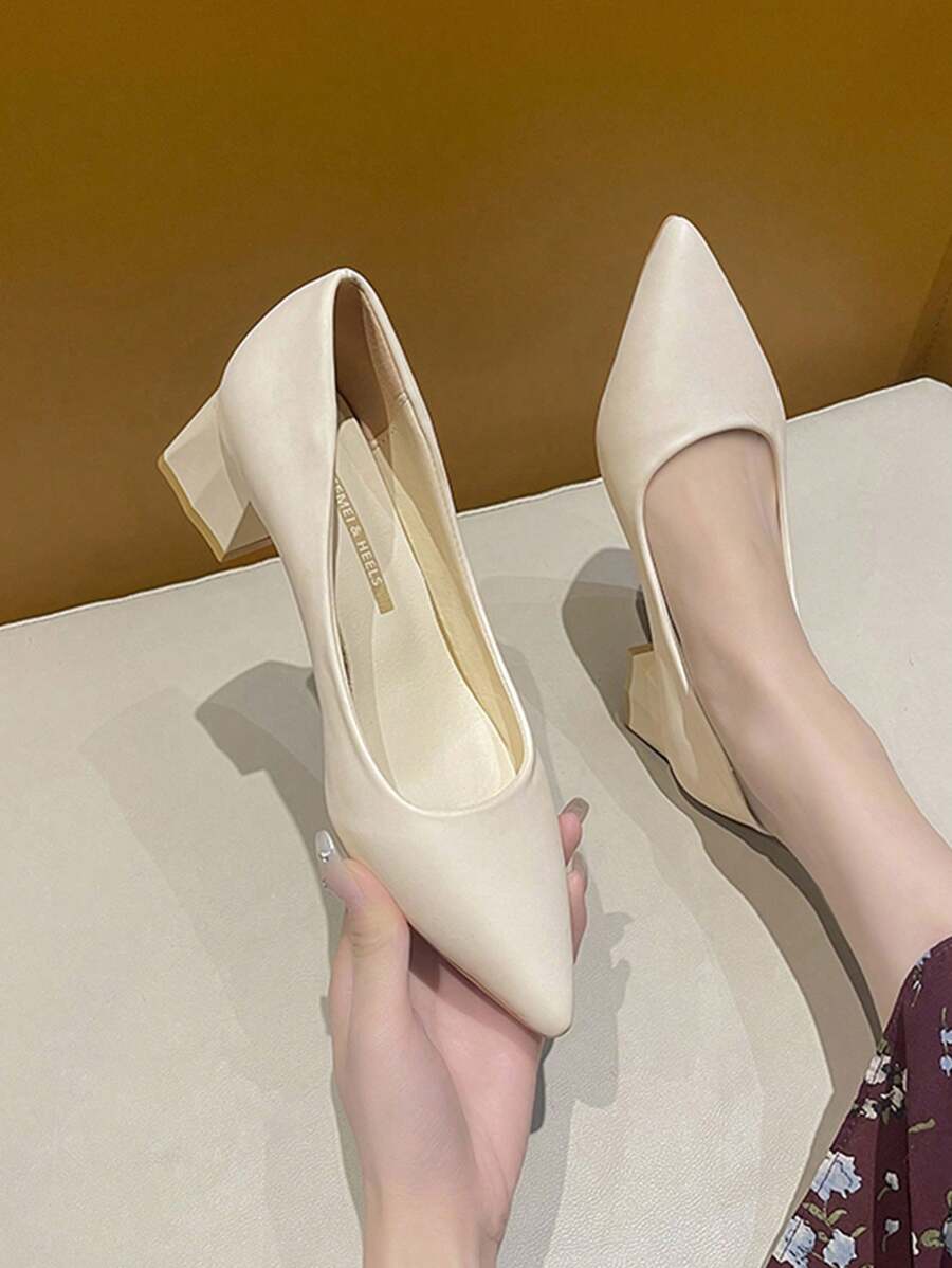 女款粗跟淺口鞋,2024春秋新款,軟底尖頭鞋,通勤上班都很適合,百搭 - 米色 - 查看 1