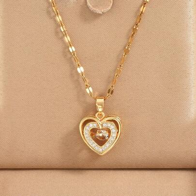1pc Gold Plated Stainless Steel Chain Cubic Zirconia Inlaid Heart Shaped Pendant Necklace, Fashionable Design, Versatile For Women's Streetwear, Daily Life, Commute, Festival, Party Wear Valentines,Mom,Mother,Mother's Day,Gift