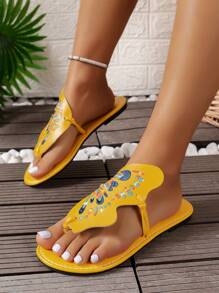 Beautiful Women's Flat Sandals, New Style Fashionable Butterfly Embroidery Flip Flops For Walking And Casualwear