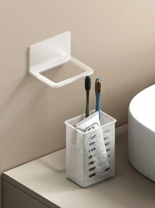 رف تخزين حمام مثبت على الحائط للفرش الأسنان، معجون الأسنان، المشط، ماكينات الحلاقة باللون الأبيض والأسود والشفاف، بدون حاجة للثقب، ديكور حمام المنزل، ديكور الخريف، عودة إلى المدرسة - شفاف - مشاهدة 9
