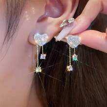 Rhinestone Decor Heart Charm Drop Earrings - Silver - View 16