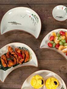 Juego De Platos De Cerámica Pintados A Mano, 1 Pieza Plato En Forma De Luna Para Fiesta, Reunión Con Varios Patrones De Flores Para Elegir - Naranja - Ver 6